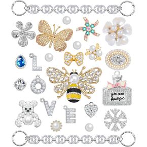 Japior Designer Bling Shoe Charms for Women Girls Crystal Rhinestone Pearl Shoe Chain Charms Jewelry Accessories Clog Sandals Fashion Luxury Love Flower Butterfly Crown Shoe Decoration for Women Girls Gifts