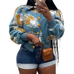 Flygo Women's Cropped Floral Print Fleece Bomber Jacket Puff Sleeve Button Down Varsity Coat Outerwear