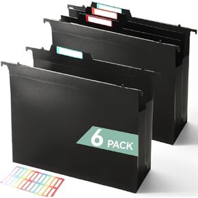 Plastic High Capacity Hanging File Folders, 4" Expanding Pocket with 2 Movable Dividers, Heavy Duty for Filing Cabinet, Insertable Tabs, Letter Size - 6 Pack