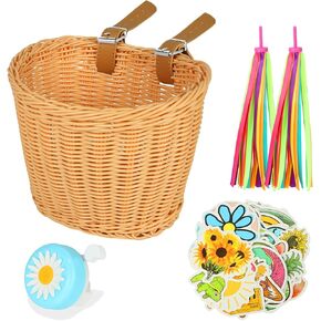 Kids Bike Basket Set Girl Bike Basket Handwoven Bike Baskets for Kids Children Cycling Baskets with Spare Leather Straps and Bell Easy Install Detachable