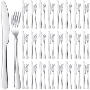 Nuenen 50 Pieces Stainless Steel Forks Silverware Set, Dinner Forks and Dinner Knives Flatware Set Tableware Cutlery Set for Butter Kitchen Restaurant (Silver,7.1 x 1 Inch, 8.4 x 0.7 Inch)