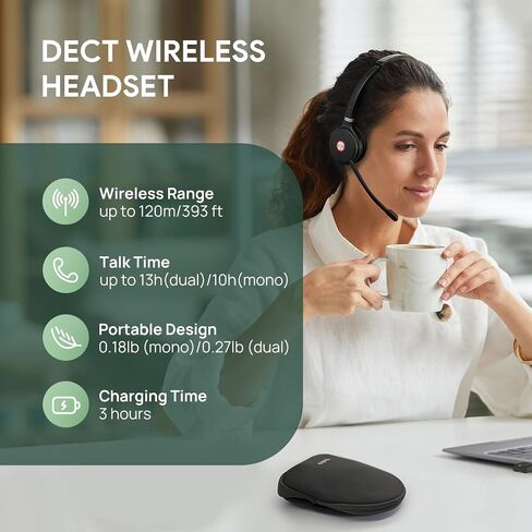 سماعة الرأس اللاسلكية المزدوجة Yealink WH62 لمنصة Zoom المعتمدة ومنصة UC، سماعة عمل DECT مع ميكروفون إلغاء الضوضاء 2X لهاتف IP والكمبيوتر، سماعة مكتب مع نطاق لاسلكي يصل إلى 525 قدمًا in Saudi Arabia