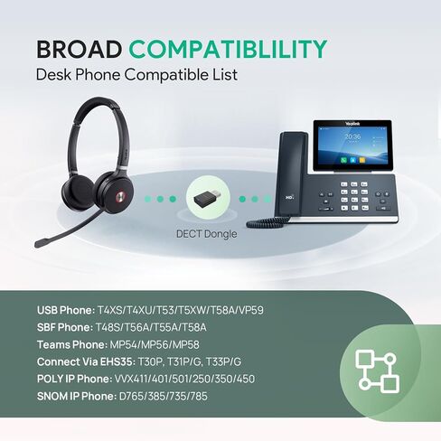 سماعة الرأس اللاسلكية المزدوجة Yealink WH62 لمنصة Zoom المعتمدة ومنصة UC، سماعة عمل DECT مع ميكروفون إلغاء الضوضاء 2X لهاتف IP والكمبيوتر، سماعة مكتب مع نطاق لاسلكي يصل إلى 525 قدمًا in Saudi Arabia