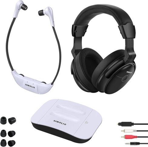 SIMOLIO Digital 2.4 جيجا هرتز سماعات تلفزيون لاسلكية مزدوجة مع مسافة 100 قدم، سماعة رأس لاسلكية لحماية السمع لمشاهدة التلفزيون، جهاز استماع تلفزيوني لكبار السن وضعاف السمع SM-8245 in Kuwait