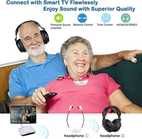 SIMOLIO Digital 2.4 جيجا هرتز سماعات تلفزيون لاسلكية مزدوجة مع مسافة 100 قدم، سماعة رأس لاسلكية لحماية السمع لمشاهدة التلفزيون، جهاز استماع تلفزيوني لكبار السن وضعاف السمع SM-8245 in Kuwait