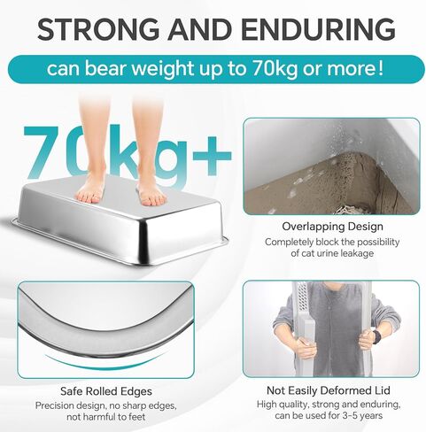 صندوق فضلات القطط المغلق من الفولاذ المقاوم للصدأ مع غطاء من Woyamay، صندوق فضلات القطط الكبير جدًا من الفولاذ المقاوم للصدأ للقطط الكبيرة، صندوق فضلات معدني عالي الجوانب، مضاد للتسرب، سهل التنظيف، مقاوم للرائحة، مع مغرفة in Kuwait