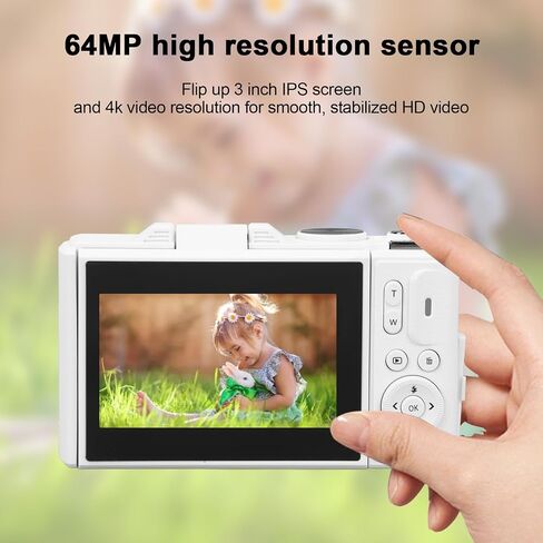 كاميرا رقمية بدقة 64 ميجابكسل بدقة 4K مع تكبير 18X، وشاشة IPS، وتوازن اللون الأبيض، والتثبيت، واكتشاف الوجه للتصوير الفوتوغرافي، ومدونات الفيديو (أبيض) in Kuwait