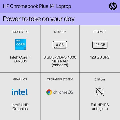كمبيوتر محمول HP Chromebook Plus مقاس 14 بوصة، شاشة FHD، Intel Core i3-N305، ذاكرة الوصول العشوائي 8 جيجابايت، 128 جيجابايت UFS، Intel UHD Graphics، نظام التشغيل Chrome 14a-nf0050nr (2024) in Saudi Arabia