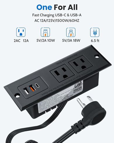 Recessed Power Strip with 18W USB-C, 2 Outlets 3 USB Ports (2 USB-A 1 USB-C) Mountable Desk Outlet, Mount Desk Outlet for Side Table/Sofa Table/Furnitures in Saudi Arabia