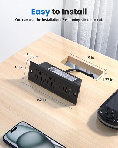 Recessed Power Strip with 18W USB-C, 2 Outlets 3 USB Ports (2 USB-A 1 USB-C) Mountable Desk Outlet, Mount Desk Outlet for Side Table/Sofa Table/Furnitures in Saudi Arabia