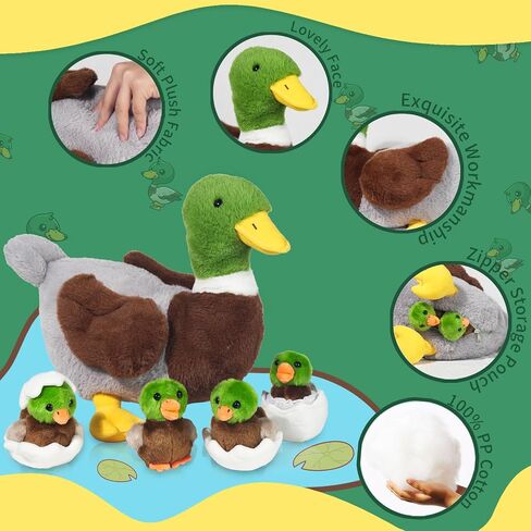 5 Pcs Duck Stuffed Animals Sets, Mommy Duck Plush Toy with Stuffed Ducklings in Zippered Belly for Girls Boys Birthday Children's Day Graduation Farm Party Decor (White) in Kuwait
