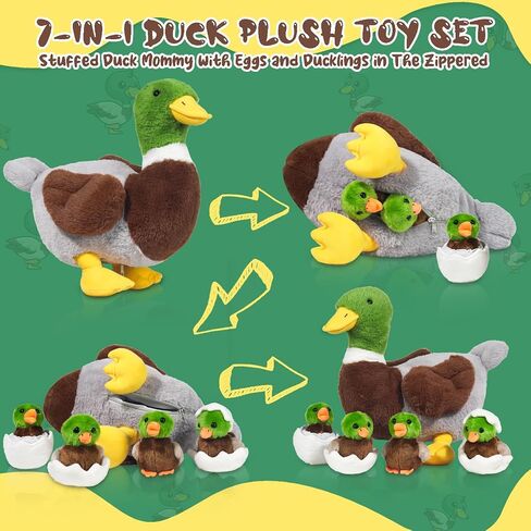 5 Pcs Duck Stuffed Animals Sets, Mommy Duck Plush Toy with Stuffed Ducklings in Zippered Belly for Girls Boys Birthday Children's Day Graduation Farm Party Decor (White) in Kuwait