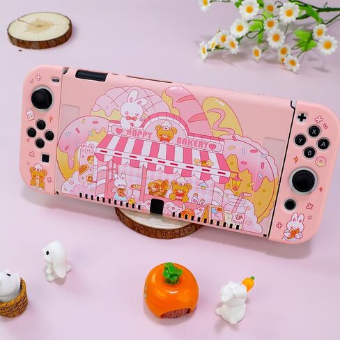 PERFECTSIGHT Designed for Nintendo Switch OLED Protective Case TPU Switch Cases for Girls Boys Kids Cute Kawaii Shell Dockable Case Compatible with Nintendo OLED Switch Cover (Bunny Bear Bakery) in Saudi Arabia