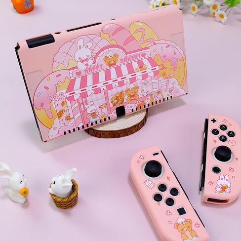 PERFECTSIGHT Designed for Nintendo Switch OLED Protective Case TPU Switch Cases for Girls Boys Kids Cute Kawaii Shell Dockable Case Compatible with Nintendo OLED Switch Cover (Bunny Bear Bakery) in Saudi Arabia