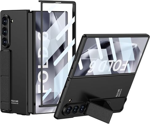 Case for Samsung Galaxy Z Fold 6 with Folding Kickstand, Luxury Slim Case with Built-in Front Screen Protector Hard PC Protective Phone Stand Cover for Samsung Galaxy Z Fold 6 5G(Black) in Kuwait