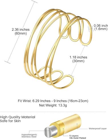 KeyStyle Cuff Bracelet for Women, Multi-layer Cross Wire Bangle 14K Gold Plated Chunky Wide Bracelet for Party Prom Minimalist Jewelry with Gift Box(Stainless Steel) in Kuwait