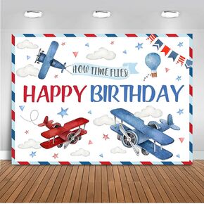 Mocsicka Airplane Birthday Backdrop Red and Blue Airplane Birthday Party Decorations How Time Flies Happy Birthday Airplane Photo Background Banner (7x5ft)