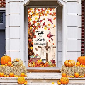 Fall Door Banner Cover Scarecrow Pumpkin Leaves Hanging Banner Autumn Photo Background for Thanksgiving Party Home School Classroom Supplies, 31.5 x 67 Inch