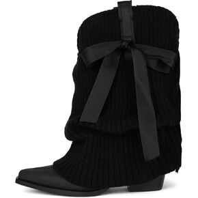 Fold Over Cowboy Boots For Women Knitted Cowgirl Ankle Booties Pointed Toe Western Boots Chunky Heel Pull On Short Cowboy Boots Country Concert Trendy Heeled Shoes