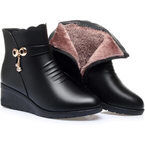 Women's Winter Warm Platform Wedges Ankle Booties Soft Leather Platform Side Zipper Sparkling Rhinestones Fully Fur Lined Thickening Snow Boot