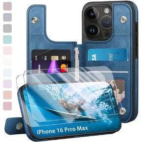 Compatible with iPhone 16 Pro Max Case Wallet, Card Holder Case with [2 Screen Protectors]Folio Cover with [RFID Blocking Leather]Shockproof Women Men Cases 6.9" for Apple 16 ProMax Bright Blue