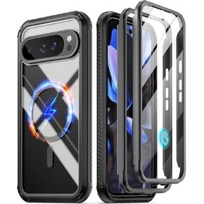 Poetic Guardian MagPro Case for Google Pixel 9 Pro XL 5G, [Compatible with MagSafe & Fingerprint ID], [2 Front Frame] Full-Body Shockproof Clear Cover with Built-in Screen Protector, Black/Clear