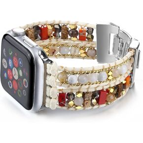Boho Beaded Bracelet Compatible with Apple Watch Band for Women Men 38mm 40mm 41mm 42mm 44mm 45mm 49mm - Handmde Natural Stone Leather Multilayer Wrap Apple Watch Strap iWatch Band Series 10 9 8 7 6 5 4 3 2 1 SE Ultra 2
