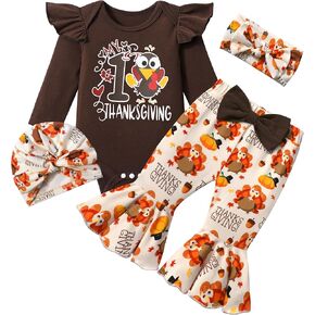 Baby Girl Thanksgiving Outfit Long Sleeve Ruffle Romper + Turkey Pants + Headband + Hat 4pcs Clothes Set