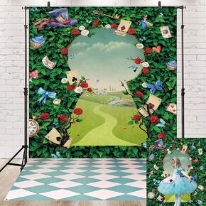 Wonderland Tea Party Backdrop Green Leaves Rose Photography Background Magic Hat Checkerboard Decorations Little Princess Girls Kid Birthday Photo Booth Prop (5X7FT(59x82inch))