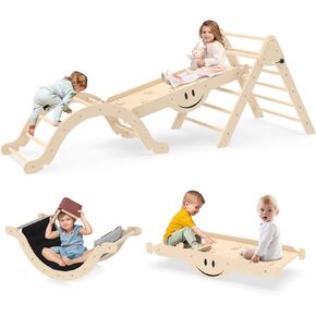 Toddler Climbing Toys, Climber Arch Rocker, Montessori Wooden Arch Climber, Kids Climbing Arch with Two-Color Soft Cushion, Indoor Outdoor Climbing Natural