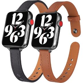 2 Pack Slim Leather Bands Compatible with Apple Watch Band 41mm 40mm 38mm, Women Top Grain Genuine Leather Band Replacement Thin Strap for iWatch SE SE2 Series 9 8 7 6 5 4 3 2 1
