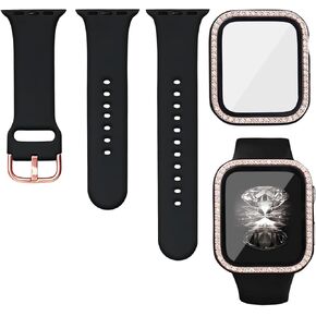 Compatible with Apple Watch Band and Case 38mm 40mm 41mm 42mm 44mm 45mm Women, Soft Silicone Bands and Bling Diamond Case & Glass Screen Protector for iWatch Series 9 8 7 6 5 4 3 2 1 and SE