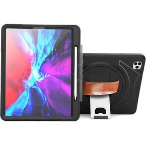 iPad Pro 12.9 6th Generation case, iPad Pro case for 5th Gen 2021, Metal Kickstand, Rotational Hand Strap, Apple Pencil Holder, Screen Protector