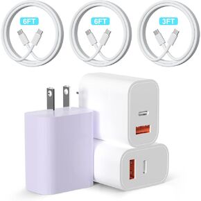 Phone Charger 3Pack 20W Dual Port QC + PD 3.0 Power Adapter PD Fast Wall Charger Block with 1 * 3FT&2 * 6FT C to C Cables Compatible with Phone 15/14/13 Pro, Pixel,i.pad Sa.msung