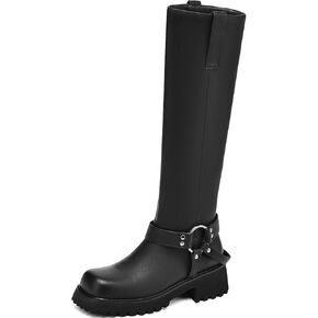 Women's Knee High Boots Square Toe Low Chunky Motorcycle Boots Fashion Buckles Biker Riding Boots ﻿