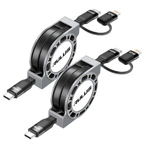 RULUS 2 in 1 Retractable USB C Cable 60W, [2Pack,4ft] Retractable USB C to USB C/Lightning (PD 27W) Fast Charging & Data Sync with IP/Type C Ports for iPhone 15/14/13/12 iPads Android Tablets & More