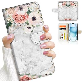 for iPhone 15 Plus, Art Designed Flip Wallet Style Cover Case Fancy Flower Full Body Protection AD003 (#24886 Purple Rose Flower 15pl)