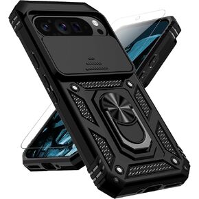 for Google Pixel 9 / Pixel 9 Pro Case with Slide Camera Cover HD Screen Protector [Military Grade Drop Tested] Magnetic Ring Holder Kickstand Protective Phone Case for Google Pixel 9/9 Pro, Black