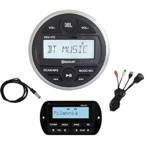 Gauge Style Bluetooth USB Marine Radio Receiver Bundle Combo with Wired Remote, Universal Marine Wired Radio 22" Black Antenna, USB/AUX Mount Interface Mount