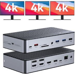 TobenONE DisplayLink Docking Station 3 Monitors with 3 HDMI(4K@60Hz), USB C Docking Station with 120W Charger, for MacBook Pro/Air, Thunderbolt 4/3, USB-C Windows(2 DP, 6 USB, Ethernet, SD/TF, Audio)