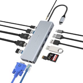 TOTU USB C HUB، 14 في 1 محول USB C مع 2 * 4K HDMI، VGA، USB A 3.1، USB C 3.1، 4 * USB A 2.0، Gigabit Ethernet، SD&TF، 100W PD، مقبس 3.5 مم، متوافق مع معظم الأشخاص أجهزة من النوع C in Kuwait