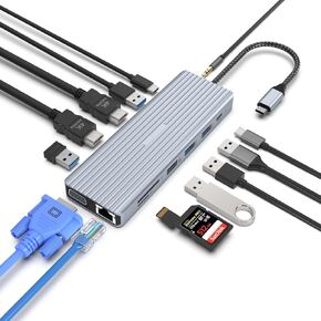 USB C Docking Station, TOTU USB C Docking Station, 14 in 1 USB C Adapter with 2 * 4K HDMI, VGA, USB A 3.1, USB C 3.1, 4*USB A 2.0, Gigabit Ethernet, SD&TF, 100W PD, 3.5MM Jack