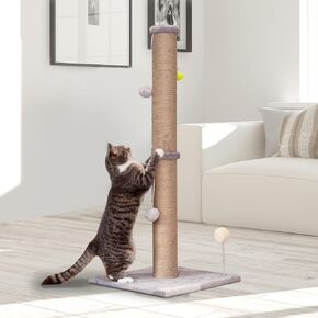 Tall Cat Scratching Post 36 in Large Cat Scratch Post for Indoor Cats with Natural Sisal Rope 3.4 Inch Diameter Scratcher Post Tree Kitten Interactive Toy(Gray)