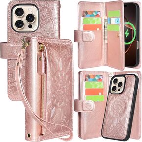 Harryshell for iPhone 16 Pro 6.3 inch Detachable Magnetic Case Wallet,Compatible with Magsafe Wireless Charging, [Theft-Scan Blocking] Card Slots, Cash Zipper Pocket Wrist Strap (Floral Teal)