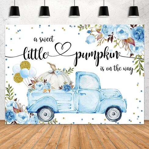Aperturee Little Pumpkin Baby Shower Backdrop 7x5ft A Little Sweet Pumpkin is On The Way Blue Floral Truck Balloons It's a Boy Photography Background Fall Autumn Party Decorations Banner Photo Booth in Kuwait