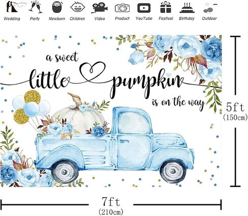 Aperturee Little Pumpkin Baby Shower Backdrop 7x5ft A Little Sweet Pumpkin is On The Way Blue Floral Truck Balloons It's a Boy Photography Background Fall Autumn Party Decorations Banner Photo Booth in Kuwait