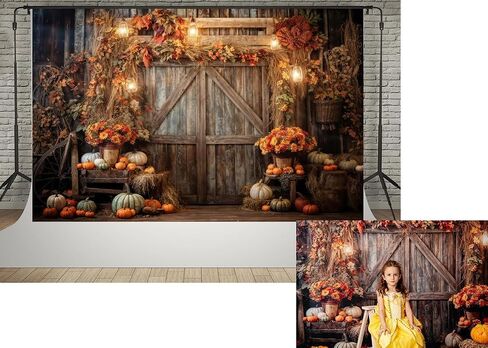 Kate 7x5ft Autumn Thanksgiving Farm Pumpkin Decoration Photography Backdrops Rustic Wooden Fall Yellow Flowers Leaves Pumpkin Harvest Photo Background Shooting in Kuwait
