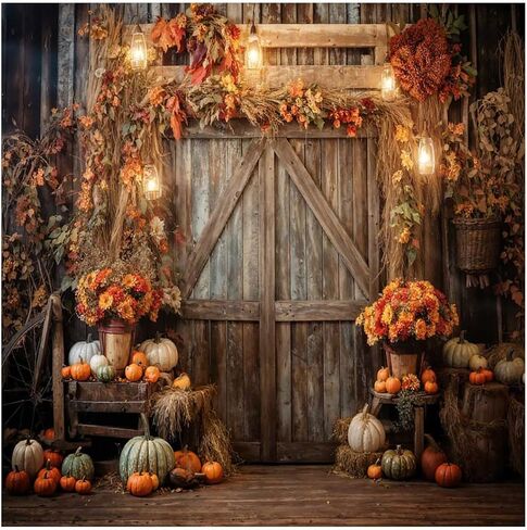 Kate 7x5ft Autumn Thanksgiving Farm Pumpkin Decoration Photography Backdrops Rustic Wooden Fall Yellow Flowers Leaves Pumpkin Harvest Photo Background Shooting in Kuwait