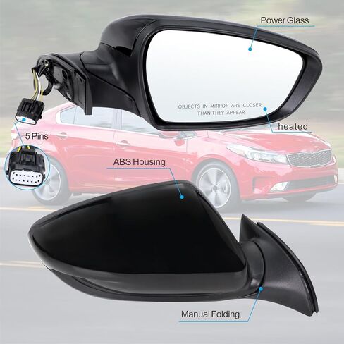 Left Driver Side Mirror Compatible with 2017 2018 Kia Forte with Manual Folding power glass Heated Can be DIY Paintable Replace#KI1320213(5 Pins) in Kuwait