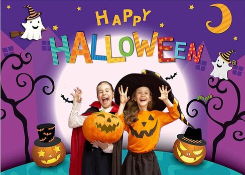 CHAIYA 7x5ft Halloween Backdrop Cartoon Halloween Photo Backdrop Pumpkin Moon Photography Backdrops Happy Halloween Party Decorations Cake Table Banner CY-137 in Saudi Arabia